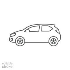 Compact City Car Icon in Side View, Urban Vehicle, Small Car Outline Symbol for Transport and Mobility. Editable stroke
