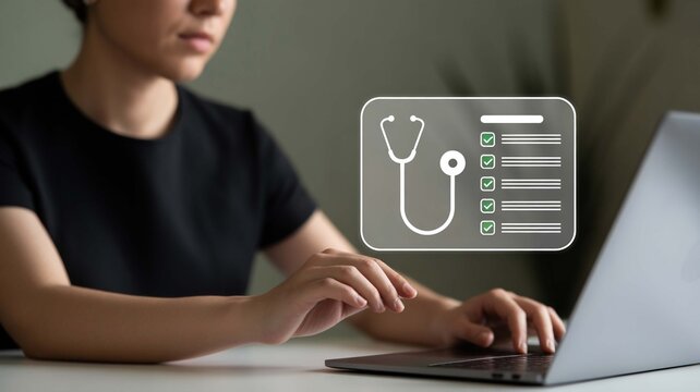 Streamlining healthcare A woman efficiently manages her digital health checklist for improved well being on a laptop