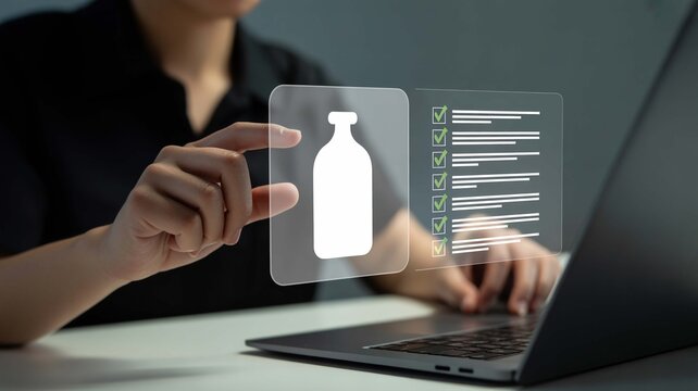 Streamlining beverage production Ensuring quality and traceability through digital checks on a sleek laptop with a - Powered by Adobe