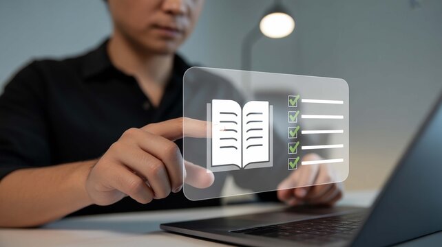 Completing tasks a student using a learning app to finish his syllabus with digital checklist floating over a laptop in