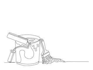 Continuous line art drawing of wall painting and home decoration equipment. painting equipment in single line art drawing vector illustration. Editable stroke.