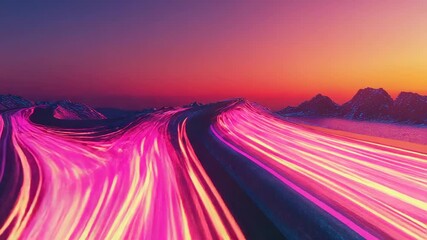 Light trails flowing through surreal mountainous landscape at sunset - Powered by Adobe
