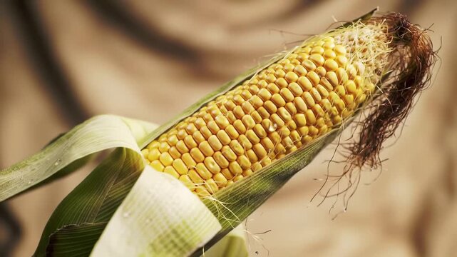 Photorealistic close-up of a fresh ear of corn with water drops falling in slow motion on a rustic background
