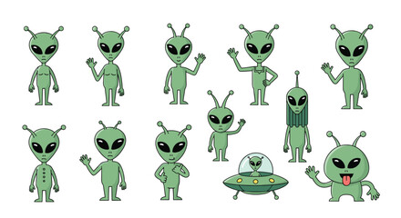 Obraz premium Collection of friendly extraterrestrial beings in various poses and actions depicting space exploration and science fiction themes