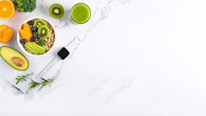 Top view of a balanced breakfast with oatmeal, fruits, green juice, and a smartwatch, placed on a white marble table. Clean, vibrant, and perfect for wellness, nutrition, and healthy lifestyle content