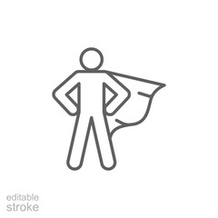 Heroic man with cape icon, superhero symbol in thin line style, bravery and super power representation, proud confident pose. Editable stroke