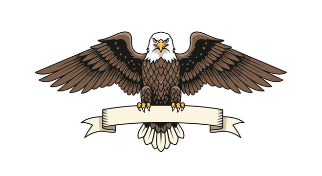 Majestic bald eagle with outstretched wings perched above a decorative ribbon banner symbolizing freedom and patriotism