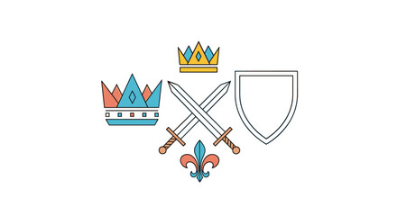 Symbolism of crowns swords fleur de lis and shield in heraldry and royal insignia