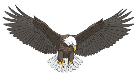 Obraz premium Majestic bald eagle soaring with wings spread wide open against a white background in a detailed pixel art style