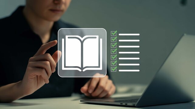 Empowering digital learning A student navigating online education with a virtual book and checklist for enhanced