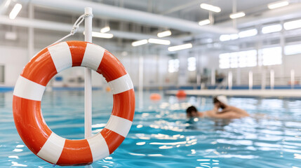 Lifeguard ring hangs near swimming pool, symbolizing safety and lifesaving measures. In background, swimmer is being assisted in bright indoor pool environment