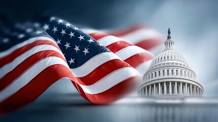 The United States Capitol in sharp detail with a blurred American flag in the background symbolizing federal identity and national pride, Generative AI