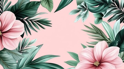 Tropical Floral Border with Pink Blossoms & Green Leaves