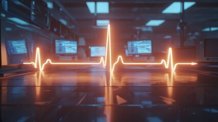 Bright electrocardiogram waveform glowing orange in high-tech control room, representing digital healthcare, medical technology, heart monitoring systems, and futuristic data-driven health diagnostics