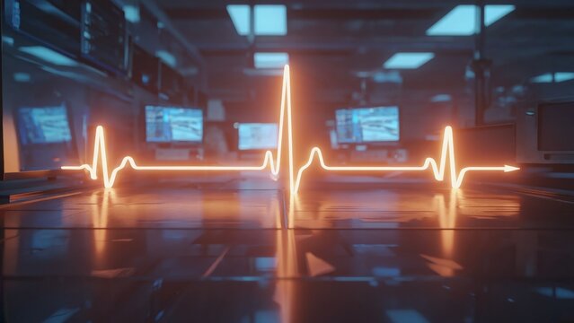 Bright electrocardiogram waveform glowing orange in high-tech control room, representing digital healthcare, medical technology, heart monitoring systems, and futuristic data-driven health diagnostics - Powered by Adobe