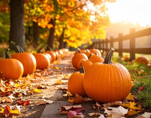 An autumnal harvest of orange pumpkins and fall leaves is ready for Halloween or Thanksgiving