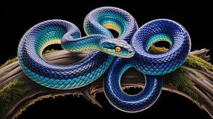 Obraz premium Iridescent Blue Snake with Rainbow Scales in Figure Eight Coil Pattern