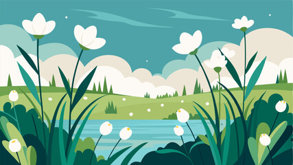 Fototapeta premium The landscape is dotted with s of delicate white flowers blooming in perfect harmony with the marsh grasses.