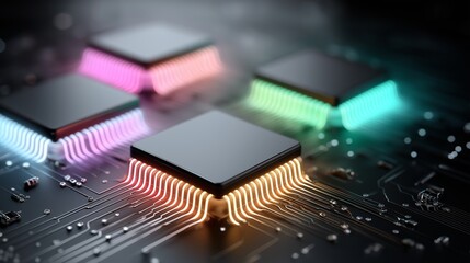 Futuristic quad microchip processors with glowing colored connections on a circuit board symbolizing digital networks and AI computing, Generative AI