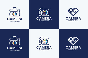 Six camera logo designs in a grid, featuring minimalist line art and vibrant lens details, set against contrasting backgrounds.