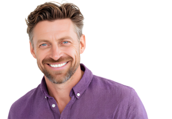  A handsome middle-aged man smiling, wearing a purple shirt, isolated on a white background