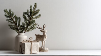 Minimalist Christmas decor on a white shelf
