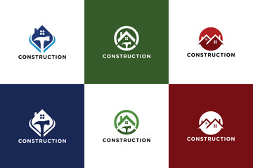 Collection of construction logo designs featuring a house roof on various colored backgrounds.