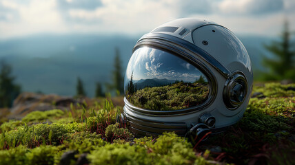 Mountain landscape reflected in astronaut helmet visor lying on mossy ground 4k, clear view