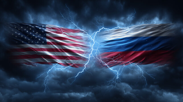 Tension between superpowers us and russia flags clash amidst stormy skies digital art dramatic atmosphere conflict concept
