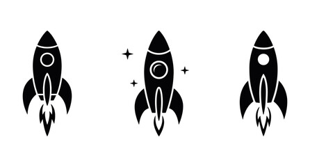 A black and white rocket icon vector set