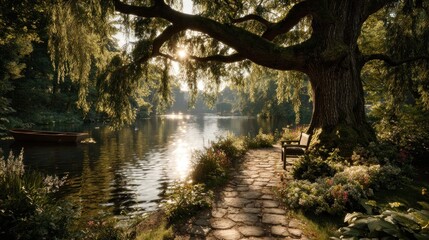 Sunlit park path by a tranquil pond, old tree
