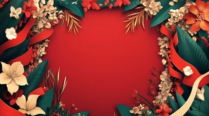 Festive Red Christmas Wreath with Gold Accents and Cream Flowers