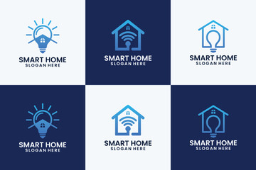 Four variations of a logo design for a smart home, featuring a house and lightbulb combined with a wifi symbol.