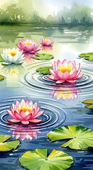 Watercolor Water Lilies Serene Pond Reflecting Nature's Beauty and Tranquility
