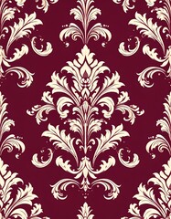 Elegant Cream Floral Damask Pattern on Deep Burgundy Background, Seamless Vintage Design