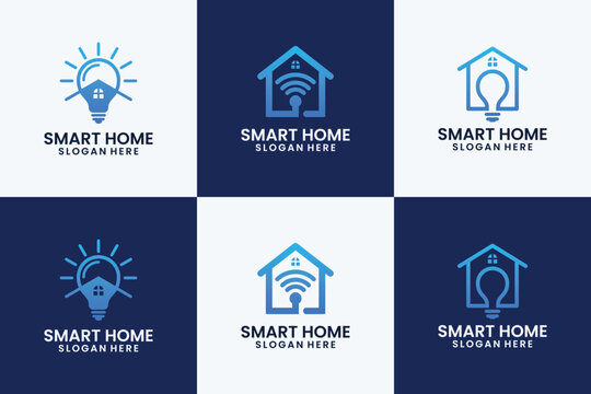 Four variations of a logo design for a smart home, featuring a house and lightbulb combined with a wifi symbol.