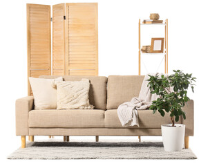 Modern beige sofa, folding screen and houseplant isolated on white background