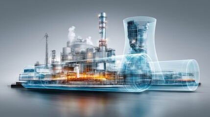 Fototapeta premium Futuristic digital energy facility with glowing industrial pipes and a holographic style visualizing a modern power plant system, Generative AI