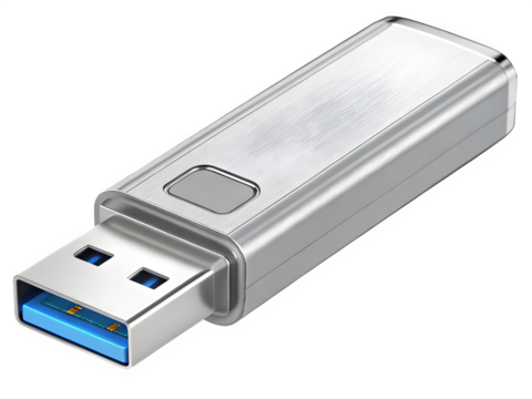 Modern silver usb flash drive with blue connector on black background
