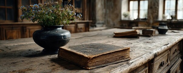 Paper logbook in rustic antique echo concept. A rustic table setting featuring books and a vase of flowers.