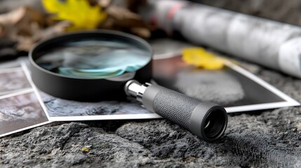 Forensic Detective Investigation with Magnifying Glass with Crime Scene Evidence, and Autumn Leaves.