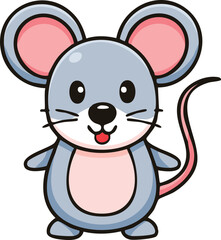 A cute cartoon mouse with big ears and a long tail, smiling.
