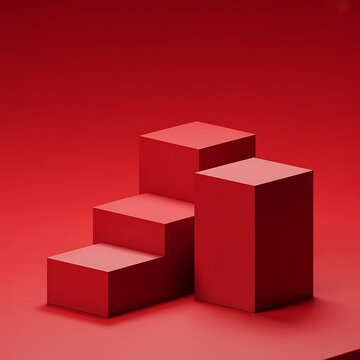 Modern geometric red podiums arranged in ascending steps on a red background