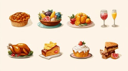 Autumnal Thanksgiving feast illustration featuring various dishes, fruits, and beverages
