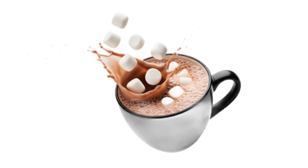 Dynamic Crown Splash of Marshmallows Tumbling into a Black Mug of Hot Chocolate. PNG Transparent Background