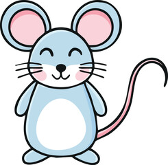 Cute light blue cartoon mouse with pink accents, standing and smiling.