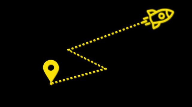 Yellow rocket launching on dotted path from location pin to space abstract background