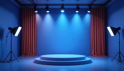 Professional Theater Stage with Spotlight and Red Curtains, Empty Performance Space for Events and Productions