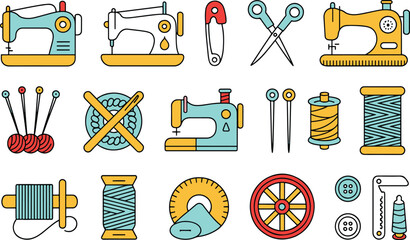Colorful sewing tool vector set , spool, needles, thread, scissors, and embroidery accessories for DIY craft clipart and handmade design