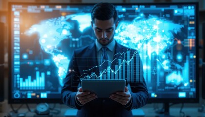Business Professional Analyzing Data on Digital Screen with Global Map and Charts – Modern Data Analytics, Technology, and Financial Market Visualization
